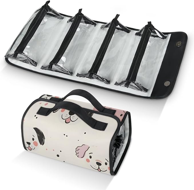 Puppy Dog Makeup Bag for Women Hanging Roll-Up Travel Organizer Toiletry Kit with 4 Removable Compartments, Cute