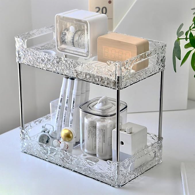 Acrylic Bathroom Counter Organizer, Organizers and Storage, Clear 2 Tier | Crystal, Metal Frame, Glass Texture, PET Plastic Suitable for Most Rooms, Easy Clean