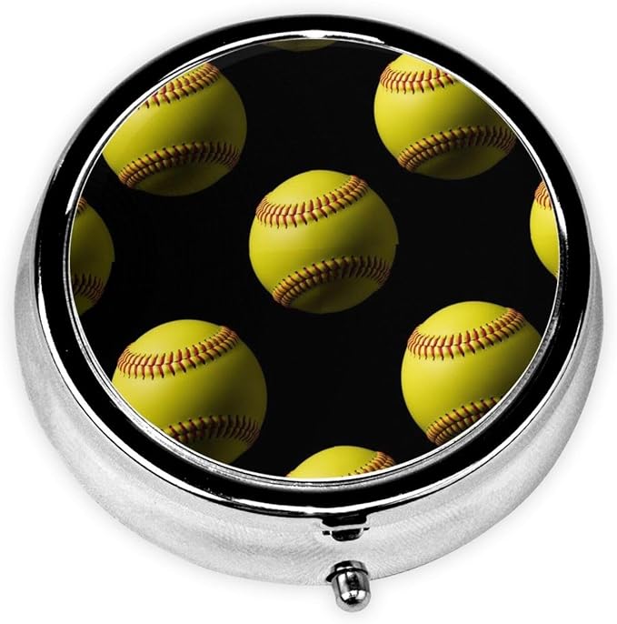 Compact Pill Container, Round Mini Box with Mirror, Travel Organizer for Supplements, Pocket Purse Holder for Daily Routine, Softball Black
