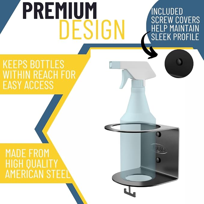 All-Purpose Spray Bottle Holder with Rag Hook | Wall Mount Organizer for Garage, Home & Shop | Heavy-Duty Powder Coated Steel | USA Made | Hardware Included