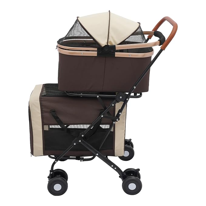 Pet Stroller, Portable Double Pet Stroller Cart with 4 Wheels, Heavy Duty Foldable Dog Cat Supplies, Multifunctional Carrying Storage Cat for Traveling with Pets, Shopping (Coffee Color)