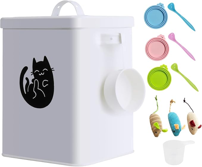 ZWMBYN Dog and Cat Food Storage Container 6L, Cute Pet Food Storage Containers with Lids Airtight, Metal Cat Food Bin with Measuring Cup, Cat Food Can Covers Lids and Spoons, Cat Mouse Toys, White
