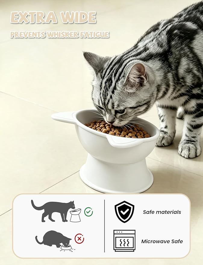 YINEYA Cat Bowls, Cat Food Bowl Elevated to Protect Neck & Anti-Vomit, Whisker-Friendly Raised Food & Water Bowls for Indoor Cats/Small Dogs, Cute Pet Feeding Bowl 6 OZ Each, Dishwasher Safe, White