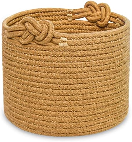 ABenkle Small Woven Basket, Cotton Rope Shelf Storage Basket, Small Round Basket, Cute Basket, Decorative Round Bin for Nursery Bedroom Bathroom, 9.4" x 9.4"x 7.1" Empty Gift Basket- Brown