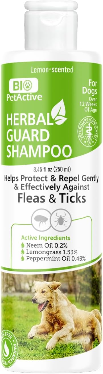 Bio PetActive Herbal Guard Dog Shampoo | pH Balanced Pet Shampoo for Healthy Skin and Coat | Itch Relief with Herbal Oils and Sensitive Paraben Free Formula | 8.45 oz