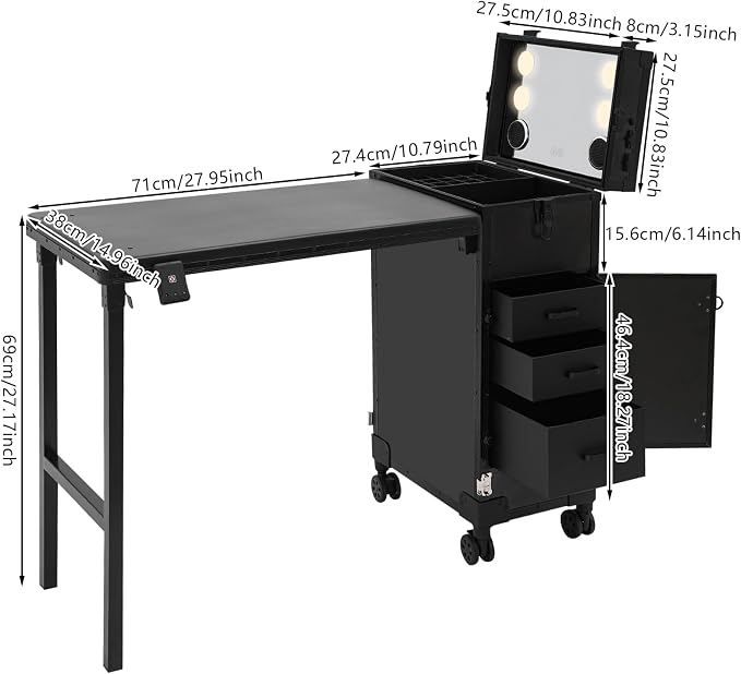 Professional Cosmetic Trolley Storage Organizer, Foldable Nail Tables Travel Cosmetic Trolley Storage Organizer w/ 4 Drawers Mirror & Speaker for Hair Stylists Pet Groomers Makeup (Black)