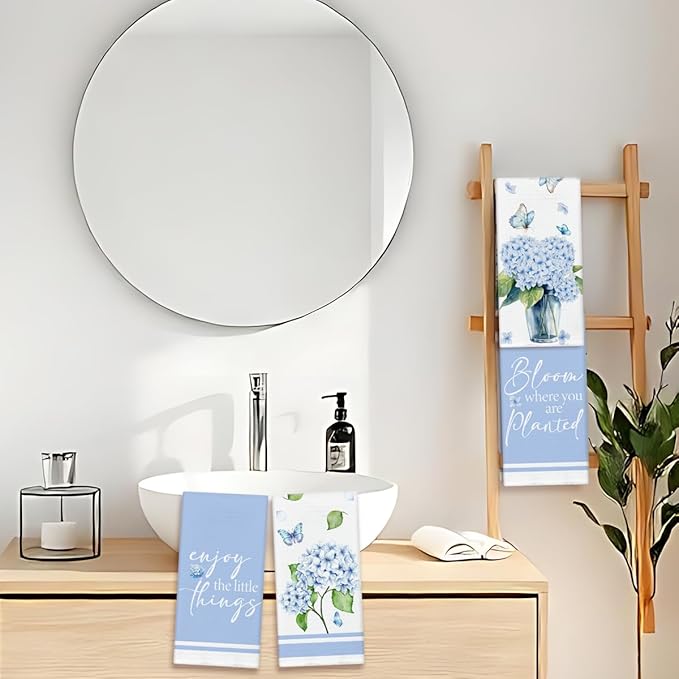 Hydrangea Blue Kitchen Towels and Dishcloths Set of 4, Sweet Home Decorative Hand Towel Drying Cloth for Bathroom Baking, Housewarming Gift for Hostess, Women, 16x24 Inches -08