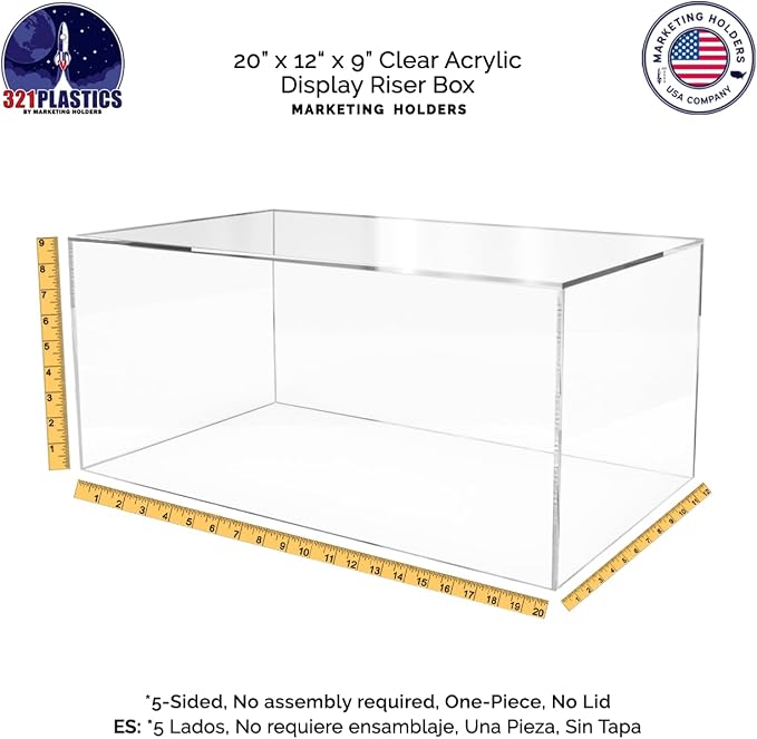 20" x 12" x 9" Acrylic Display Riser Box with One Open Side No Lid Versatile Clear Rectangular Dust Cover Retail Merchandise Storage Bin or Product Platform by Marketing Holders