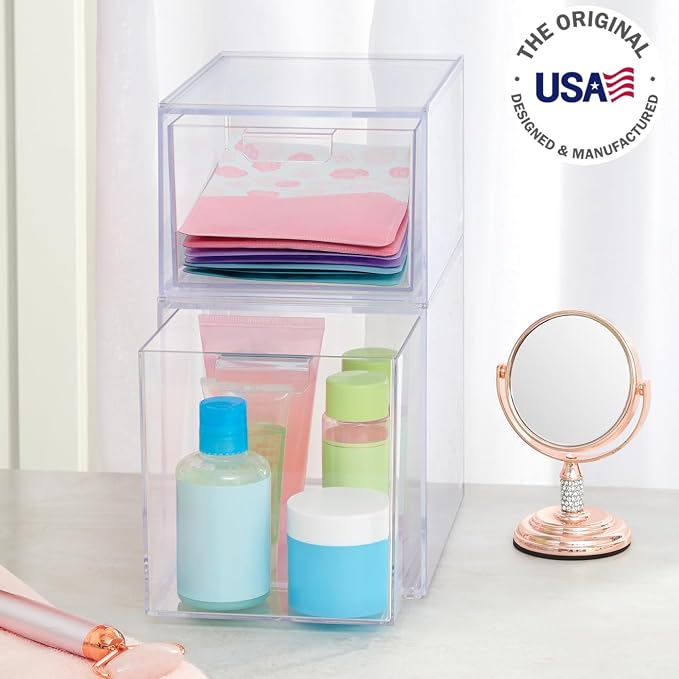 STORi Audrey Stackable Clear Bin Plastic Organizer Drawers | 2 Piece Set | Organize Cosmetics and Beauty Supplies on a Vanity | Made in USA (Pack of 3)