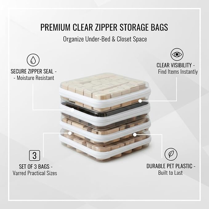 3-Pack Clear PET Zipper Storage Bags, White Organizer Pouches for Closet, Under-Bed & Drawer Organization (Small, Medium, Large)