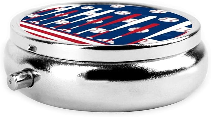 Purse Pill Case, Compact Round Holder for Vitamins, Travel Organizer Pocket Friendly, Moisture Proof Design for Women, Baseball Sport American Flag