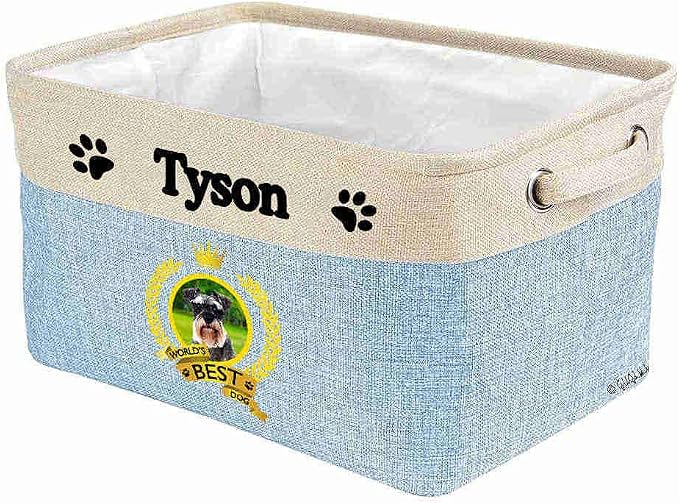 Custom Name Collapsible Dog Toy Storage Basket Bin World's Best Dog Schnauzer Foldable Pet Toy Box Closet Shelf Baskets Organizer for Bedroom Home Dog Cat with Handles Blue