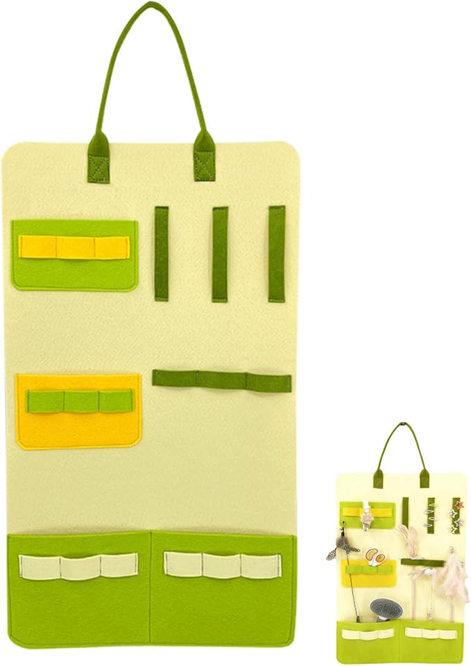 dPois Pet Toy Storage Hanging Bag Cat Teaser Wand Organizer for Indoor Cats Multi-Functional Felt Holder Keep Play Area Tidy Green One Size