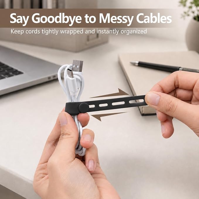 10-Pack Reusable Silicone Cable Ties for Cords (Black) | Elastic Food-Grade Silicone Cord Organizer with Adjustable Locking Buckles, Reusable Cable Straps for Chargers & Earphones