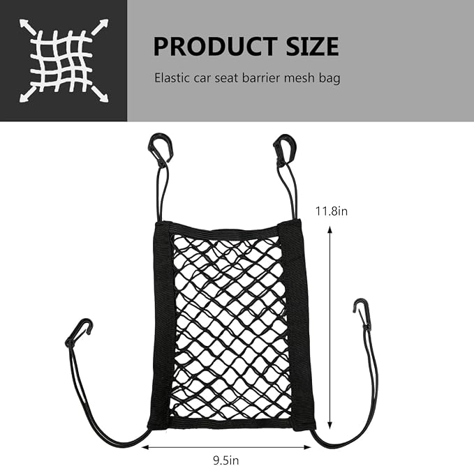 2-Layer Car Mesh Organizer, Seat Back Net Bag Stretchable Barrier of Backseat Pet Kids, Four-Side Elastic Storage Netting Pouch Cargo Tissue Purse Holder Between Front Seats