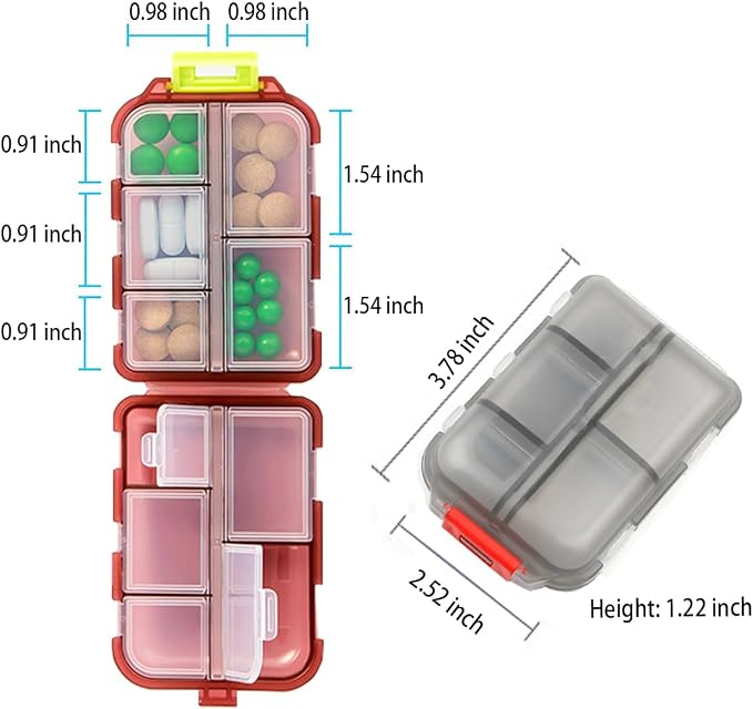 Weekly Travel Pill Organizer Box, 10 Compartments Small Fold Case | Medicine Holder, Daily AM PM Morning Night Pocket Travel Capsule Dispenser for Vitamin, Fish Oil, Supplement, Tablet, Grey