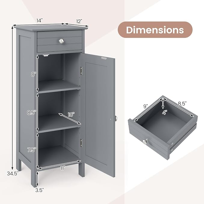 GLACER Floor Storage Cabinet, Bathroom Storage Cabinet (Grey) | 2 Adjustable Shelves | Ideal for Bathroom, Living Room | 14 x 12 x 34.5 inches