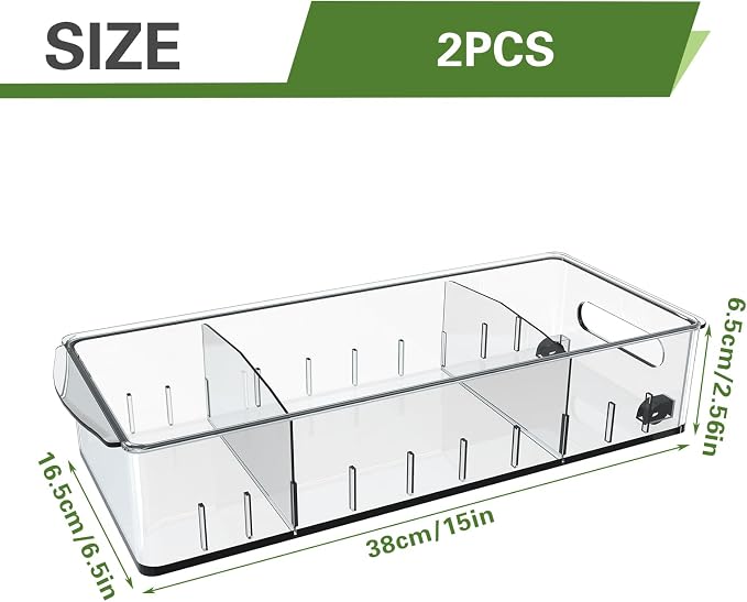 2 Pack Fridge Organizer Bins with Wheels, Refrigerator Organizers and Storage Drawer with Removable Dividers, Clear Plastic Pantry Storage Bins, Kitchen Organization