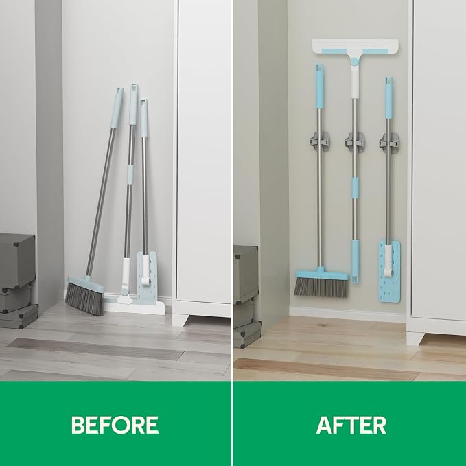 reliahom Broom Holder Wall Mount Mop Grippers organizer wall hanging, 3Pack | No Drilling Self Adhesive Easy install Anti-Slip Mop Broom Hanger Storage Rack for Kitchen,Laundry Room,Garden,Garage
