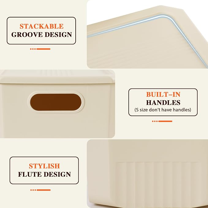 ANMINY Plastic Storage Bins Baskets with Lids, 12-Pack, 2XL+4L+2M+4S | Large Plastic Bins, Sturdy PET, with Handles, Stackable, Opaque Storage Boxes, for Closet Shelves Desk, Ivory Lids