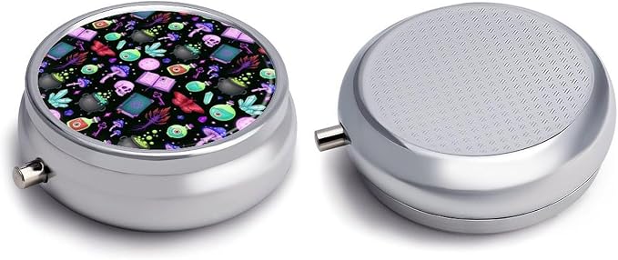 Round 3 Compartment Pill Organizer Witch Witchy Mushroom Skull Goth Gothic Black, Cute Metal Pill Case with Mirror for Purse Pocket