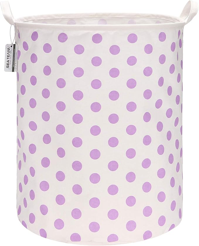 Sea Team Large Canvas Laundry Basket with Handles, Purple Dots | Collapsible Fabric Laundry Hamper, Closet Shelf Organizers, Containers for Clothing, Blankets, Toys, Bedding, 19.7 x 15.7”