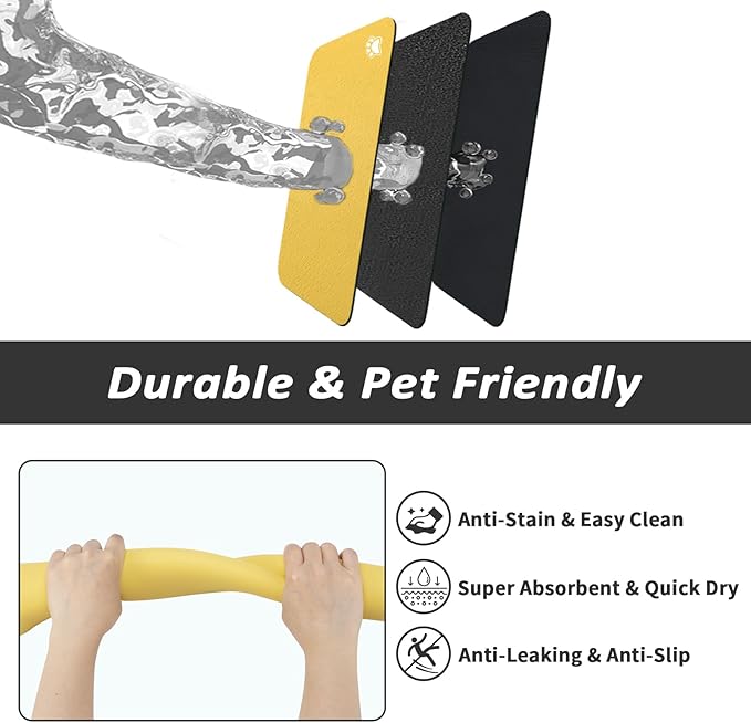 HotLive Dog Food Mat - Absorbent Cat Mat for Food and Water, No Stains Pet Feeding Bowl Mat, Easy to Clean Pet Placemats, Quick Dry Dog Water Dispenser Mat for Messy Drinkers | Paw Yellow 24"x36"