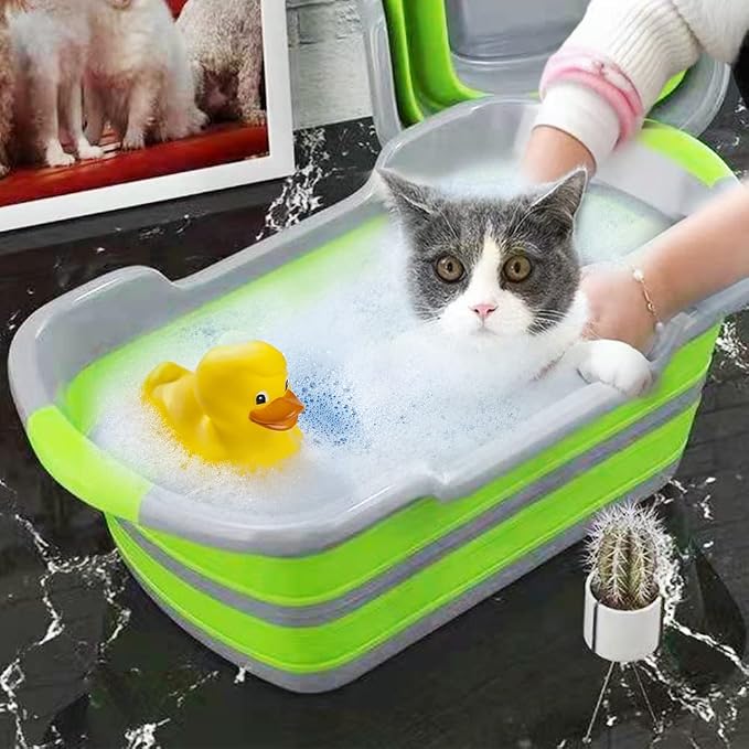 Goderewild Multipurpose Collapsible Pet Bathtub with Drainage Hole for Puppy Small Dogs Cats, Portable Laundry Basket-Foldable Bathing Tub-Storage Organizer, 7.1 Gal/27L (Green,1)