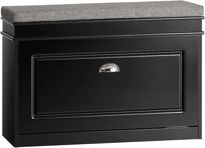 Haotian Shoe Storage Bench with Cushion | Black Narrow Shoe Rack for Entryway, Small Shoe Cabinet with Flip-Drawer, Closet Hallway Mudroom FSR82-L-SCH