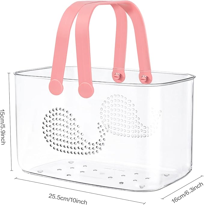 2 Pack Plastic Shower Caddy Basket for Bathroom (White+Pink) | Portable Shower Caddy Tote Storage Basket with Colorful Handles, Clear Toiletry Organizer Bin for Kitchen College Dorm