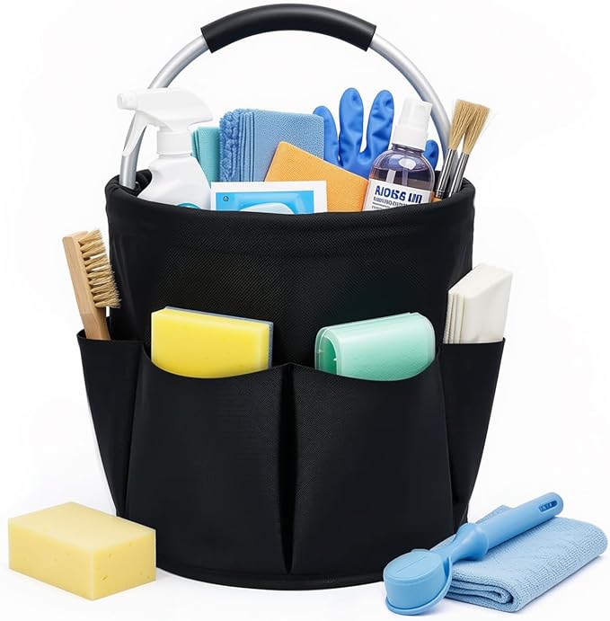 Cleaning Caddy with Handle, 17L Foldable Storage Basket, Heavy Duty 600D Oxford Cloth Organizer, Portable Supply Bag, Multi-Purpose Supplies Caddy for Home, Bathroom, Kitchen, Garden - Black