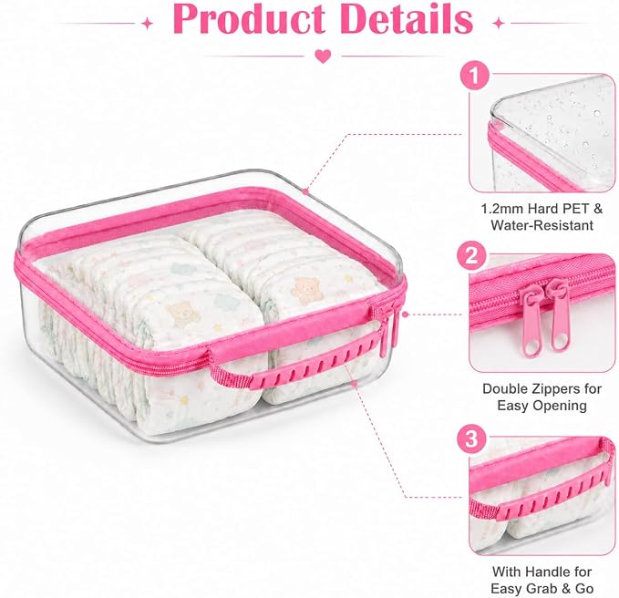 3 Pack Deep Clear Hard Shell Zipper Cases with Handle (Pink) | Travel Toiletry Bag, Waterproof 1.2mm PET Hard Plastic Pouches, Organizer Box for Makeup, Toy, Snack, Stationery, Diaper