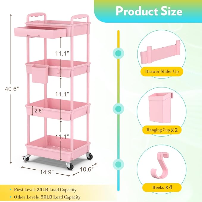 SUNALLY Makeup Cart Organizer with Drawer, 4 Tier Rolling Makeup Cart, Pink | Rolling Vanity Storage for Skin Care Perfume Nail Polish, Floor Skincare Organizers Cosmetics Display Bathroom Storage Cart