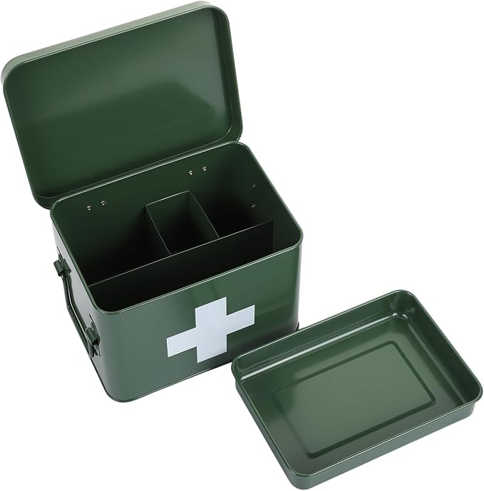 Lassos Boutique Retro Enameled First Aid Box for Medicine Storage and Home Decor with Lid and Removable Tray (Green/White)