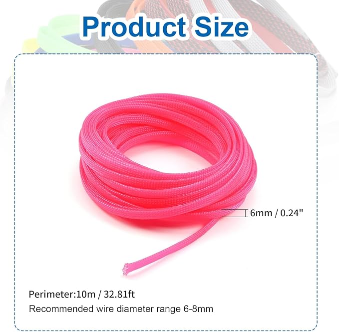 Heyiarbeit 10m/32.8ft PET Expandable Braid Cable Sleeving Flexible Wire Mesh Sleeve Pink 6mm