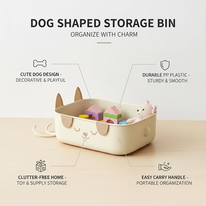 Dog Shaped Storage Bin with Lid and Handle, Decorative PP Plastic Organizer Box for Home, Office, and Craft Supplies