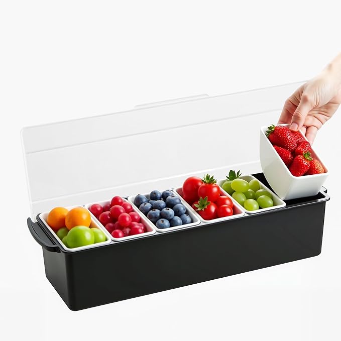 Chilled Condiment Server, 6 Compartment Ice Cooled Condiment Serving Container, Chilled Garnish Tray Bar Caddy with Lid, for Bartending & Serving Taco, Salad, Fruit, Home & Restaurant Supplies