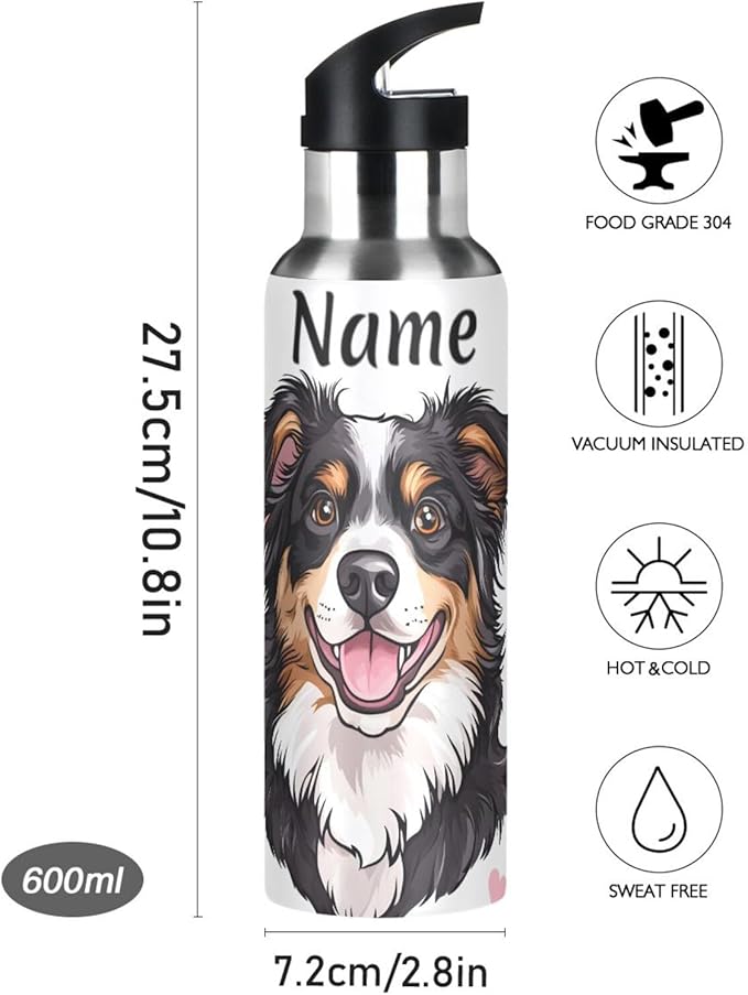 Custom Name Bernese Dog Hearts Water Bottle with Straw Lid Kids Insulated Stainless Steel Water Flask Sports, 20 Oz Hot Cold