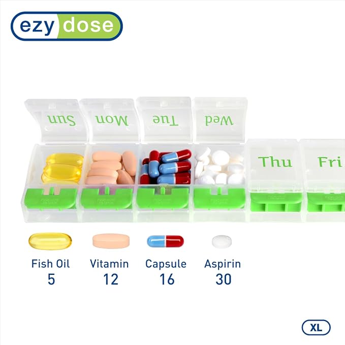 Ezy Dose Weekly (7-Day) Pill Organizer, X-Large Medicine Case, Green/Clear | Daily Vitamin & Supplement Planner, Spacious Push-Button Compartments, Convenient & Easy to Use, Travel-Friendly, BPA-Free