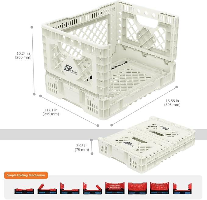 Bigant Heavy Duty Collapsible & Stackable Plastic Milk Crate - Snap Lock Foldable Industrial Garage Storage Bin Container Utility Tote Basket (Ivory, 1 Small Crate)