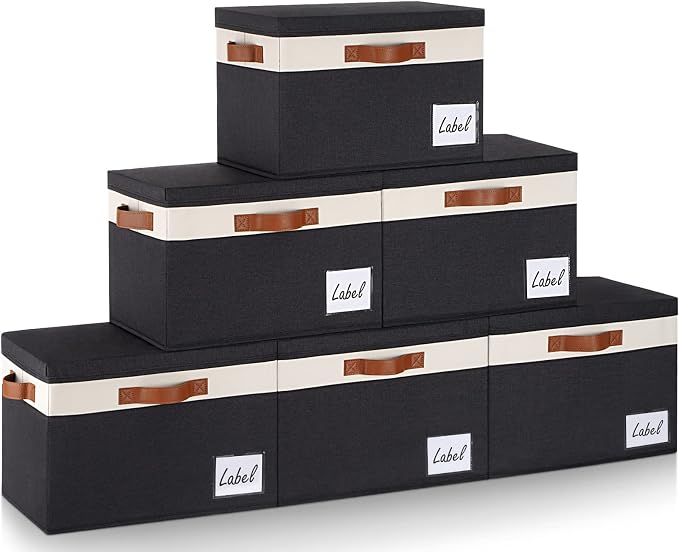 GhvyenntteS Fabric Storage Bins with Lids 6 Pack, Foldable Fabric Storage Baskets with Lid and Handles, Large Closet Organizers and Storage boxes with Label for Home Office (Black, 15" x 11" x 9.7")