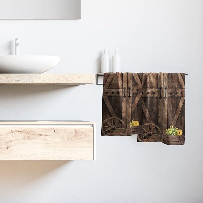 Giwawa Rustic Barn Door Hand Towels Set of 2 Brown Wood Fingertip Towels Soft Absorbent Towels for Bathroom Kitchen Yoga Gym Decorative