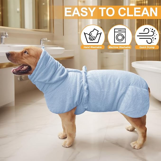 Medium to Large Size Dog Bathrobe, Quick Drying Super Absorbent Microfiber, Warm Dog Towels, Adjustable Hoodies and Belts for Dog Bath Products (Blue Jacquard, L-Fit for 6 to 12 Pounds)