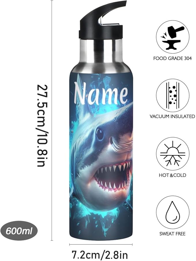Custom Name Blue Shark Water Bottle with Straw Lid Kids Insulated Stainless Steel Water Flask Sports, 20 Oz Hot Cold