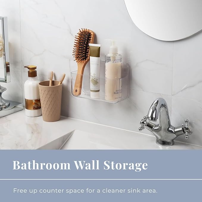 Adhesive Wall Organizer Bin, No-Drill, Clear, 7.1 x 3.15 x 4.75 in | BPA-Free PET, Built-In Drain Holes, Detachable, Easy-Reach Storage for Small Items Like Phones, Remotes, or Sponges