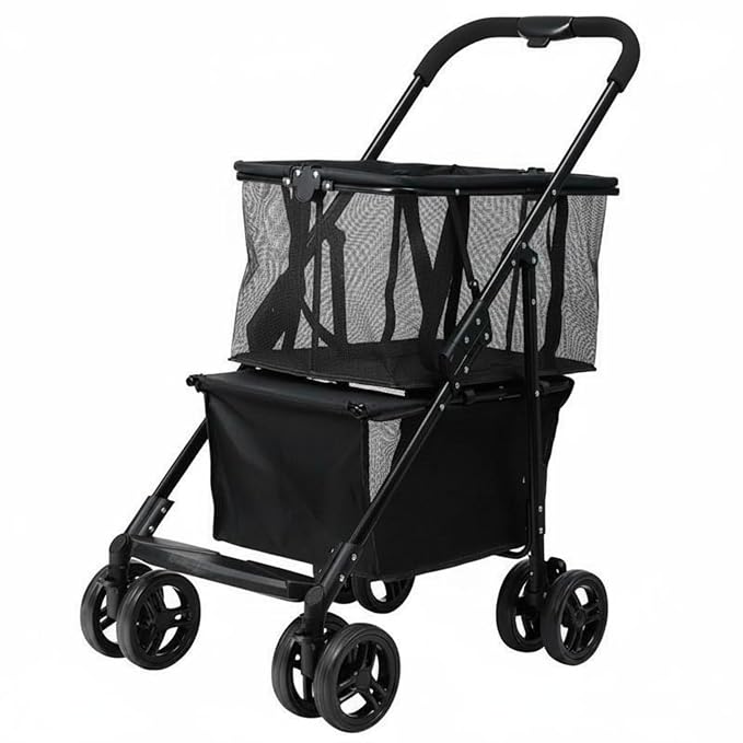 Generic Foldable Cart Utility Shopping Pet Carrier Rolling Trolley with Detachable Crate and Easy Steering Wheels Metal and Oxford Cloth Suitable, Black, Black, Two-Way Hand Cart