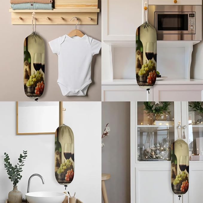 Vintage Wine Grapes Plastic Bag Holder Red Wine Grocery Bag Storage Dispenser Washable Hanging Shopping Bags Carrier Reusable Wall Mount Trash Bag Organizer for Kitchen Pantry