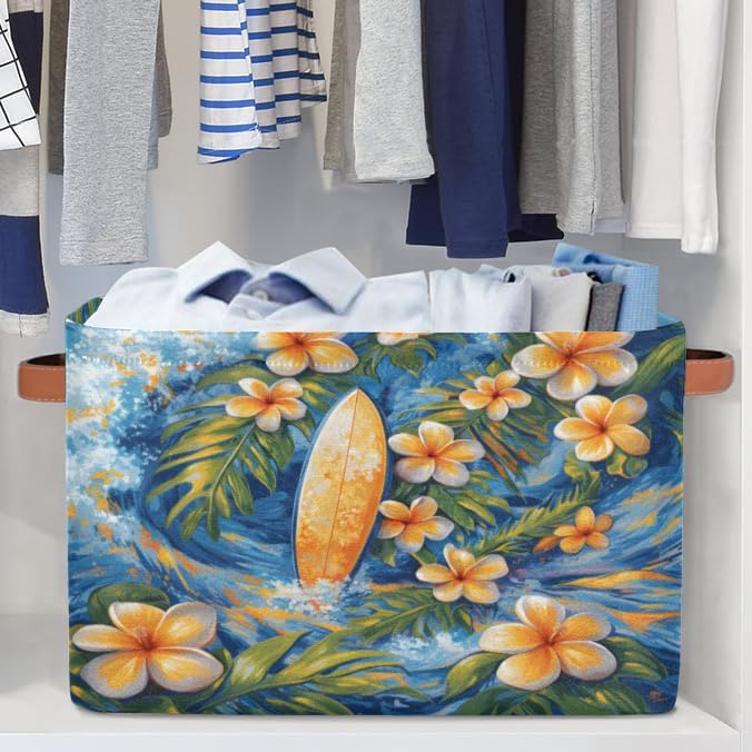 Hawaiian Plumeria Flowers Storage Boxes Theme Storage Nursery Baskets with Handle Closet Collapsible Organizer Shelf Bins for Book Cloth 15x11x9.5 IN