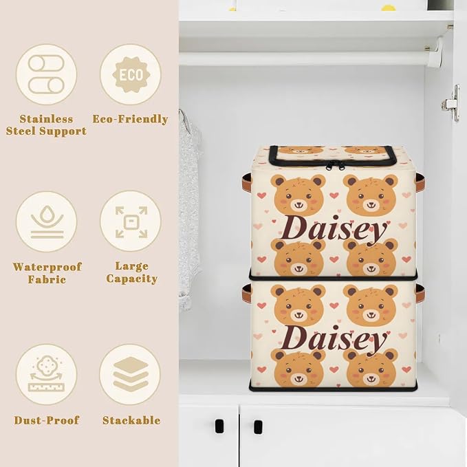 Custom Cute Bear Storage-Bin With Zipper Lid for Kids-Girls-Boys-Baby-Pet,Personalized Name Foldable Storage Box with Handle,Baby Basket With Label for Bedroom Nursery Toy Clothes,Beige