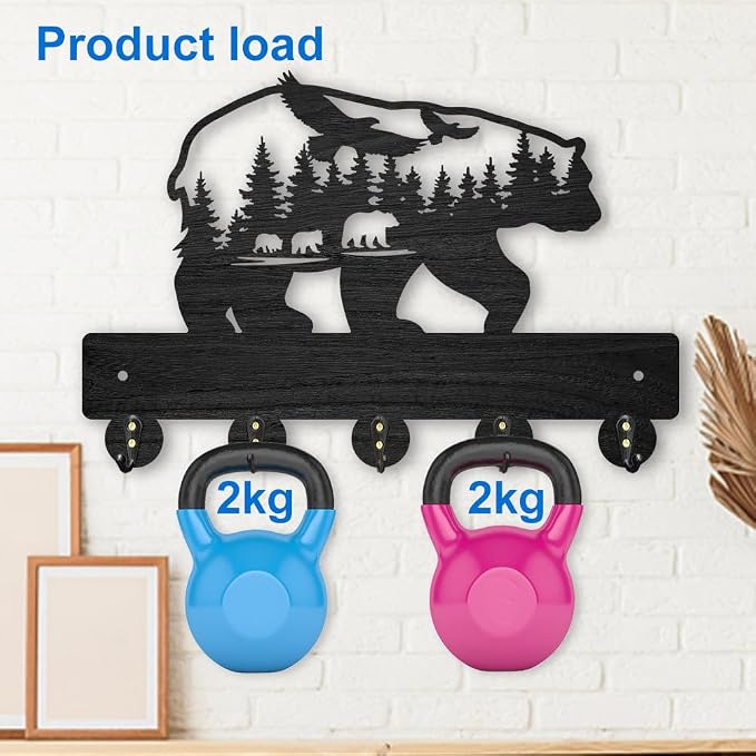 MAYJOYDIY Bear Forest Bird Coat Rack Wall Mount 11.8×7.9inch Bear Wall Art Decor Wildlife Animal Key Holder for Wall Black Wooden Key Hanger Rack 5 Alloy Hooks for Kitchen Bedroom Entryway Gifts